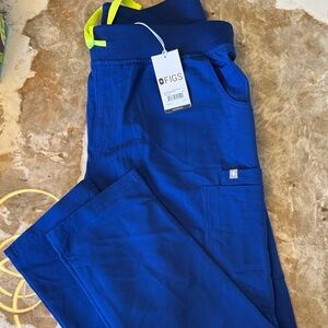 FIGS Cobalt Blue Scrub Joggers with Neon Yellow Drawstring